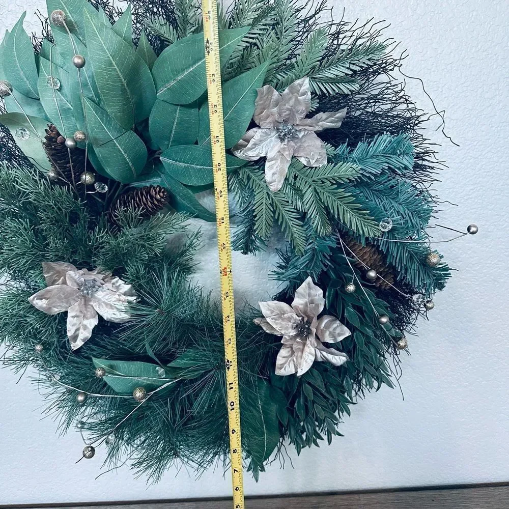 Christmas Greenery Champagne Poinsettia Beaded Berry Stems Holiday Wreath
